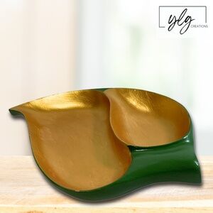 Trinket Dish Wood Low Leaf Bowl 2 Section Green Metallic Gold Monkey Pod Hawaii